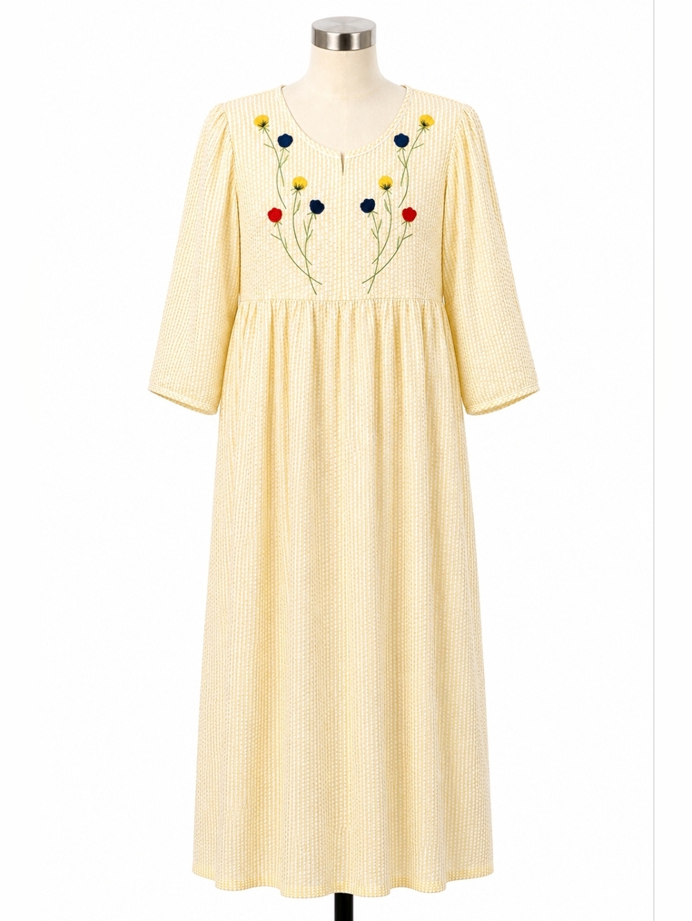 Stan Herman Embroidered Yellow Striped Seersucker Maxi House Dress Robe M Zip Up